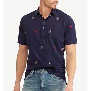 Ralph Lauren Polo Shirt S Blue Classic Embroidered Sailboats Print All Over NWT